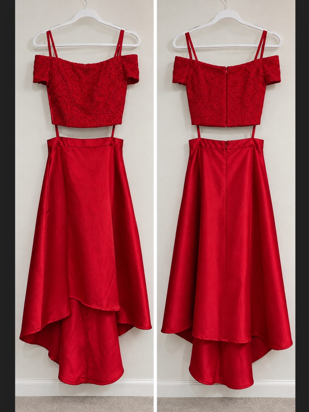 Red Two-Piece High-Low Satin Skirt Set